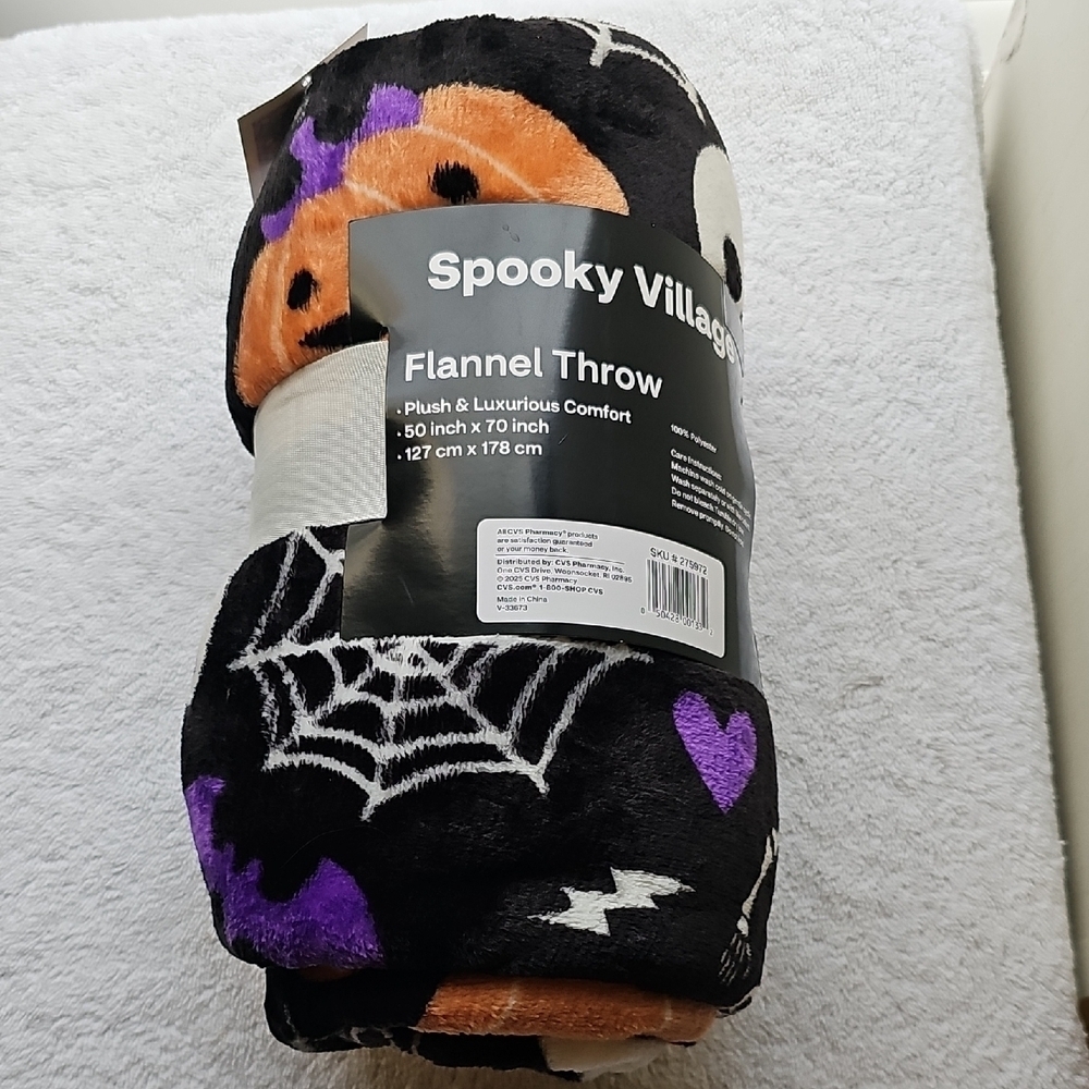 New Spooky Town Halloween Flannel Throw Black Orange Purple  70x50